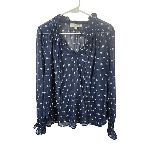 Ann Taylor LOFT Women's Sheer Blue White Bouse‎ Polka Dots Ruffles Size Medium - Picture 1 of 7